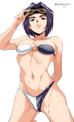 1girl bikini black_hair breasts cleavage cowboy_bebop david_huang eyewear_on_head faye_valentine green_eyes highres medium_breasts navel o-ring o-ring_bikini o-ring_top short_hair simple_background solo strapless strapless_bikini sunglasses swimsuit white_background