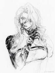 1girl absurdres bandaged_arm bandages blood blood_from_mouth blood_on_face body_horror bra breasts burn_scar chest_belt cropped_torso expressionless eyelashes hair_over_one_eye highres holding injury large_breasts liangyi_yuehua lipstick long_hair makeup nib_pen_(medium) original parted_lips pen_(medium) scar scar_across_eye scar_on_face solo strapless strapless_bra traditional_media underwear watermark weibo_watermark