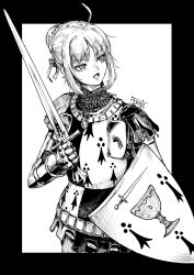 1girl ahoge armor artoria_pendragon_(fate) chainmail cuirass fate/stay_night fate_(series) gauntlets highres holding holding_shield holding_sword holding_weapon knight monochrome pirata_(gailtonatiu) plate_armor saber_(fate) shield signature solo sword weapon