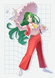 Rule 34 | 1girl, ascot, frilled umbrella, frills, green eyes, green hair, grid, guumin, hair over one eye, highres, kazami yuuka, kazami yuuka (pc-98), long hair, long sleeves, lotus land story, no shoes, pants, parasol, plaid clothes, plaid pants, plaid vest, shirt, smile, solo, touhou, touhou (pc-98), umbrella, very long hair, vest, warped, white footwear