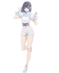 1girl belt blue_hair breasts collared_shirt earrings frills heart heart_earrings heart_o-ring high_heels idol iridescent jewelry looking_at_viewer multicolored_hair nail_polish negative_happy o-ring o-ring_belt official_art ohisashiburi puffy_short_sleeves puffy_sleeves purple_eyes sena_tsuwabuki shirt short_hair short_sleeves small_breasts smile standing standing_on_one_leg streaked_hair transparent_background