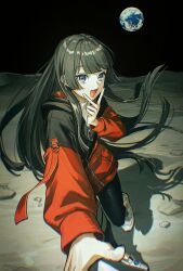 1girl :d absurdres black_hair black_jacket black_leggings black_sky blue_eyes blunt_bangs blunt_sidelocks chromatic_aberration earth_(planet) floating_hair highres hime_cut hood hood_down hooded_jacket jacket kotobuki_nashiko leggings long_hair looking_at_viewer moon multicolored_jacket nijisanji on_moon open_mouth planet red_jacket scanlines selfie selfie_stick shadow shirt shoes sky smile sneakers solo space track_jacket tsukino_mito tsukino_mito_(19th_costume) turtleneck two-tone_jacket v v_over_mouth very_long_hair virtual_youtuber white_shirt white_shoes