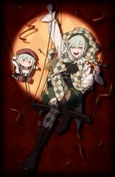 1girl argyle_background argyle_capelet argyle_clothes argyle_hat argyle_thighhighs arm_up ascot bang_dream! bang_dream!_it&#039;s_mygo!!!!! beret black_ascot black_corset black_skirt boots brown_boots brown_capelet brown_hat brown_thighhighs capelet character_doll chiaki_(cki121_cc) commentary confetti corset doll full_body green_brooch green_capelet green_hair green_hat green_shorts green_thighhighs hachibousei_dance_(bang_dream!) hair_between_eyes hand_up hat highres jester_cap knee_up lace-up_boots light_blush long_hair long_sleeves looking_at_viewer mortis_(bang_dream!) mortis_(costume)_(bang_dream!) mortis_(persona)_(bang_dream!) multicolored_capelet multicolored_hat multicolored_thighhighs neck_ruff official_alternate_costume on_swing open_mouth orange_background outstretched_arm puffy_long_sleeves puffy_shorts puffy_sleeves red_capelet red_hat red_shoes sentient_stuffed_toy shadow shirt shoes shorts sitting skirt spotlight swing tassel teeth thighhighs vignetting wakaba_mutsumi wakaba_mutsumi_(doll) white_ascot white_capelet white_hat white_shirt white_thighhighs yellow_eyes