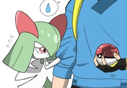 1boy 1girl arm_at_side black_gloves blue_shirt clothes_grab colored_skin eevee fingerless_gloves flat_chest flying_sweatdrops gen_1_pokemon gen_3_pokemon gloves green_hair hair_over_one_eye half-closed_eyes hand_up holding holding_poke_ball kirlia male_protagonist_(pokemon_go) medium_hair monya nintendo one_eye_covered poke_ball poke_ball_(basic) pokemon pokemon_(creature) pokemon_go red_eyes sad shirt sidelocks simple_background sleeve_grab speech_bubble spoken_sweatdrop sweatdrop tears wavy_eyes white_background white_skin