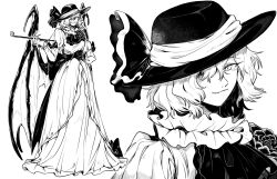 1girl aged_up alternate_costume ascot bat_wings bow chinese_commentary corset dress fang fingernails frills full_body hair_over_one_eye hat hat_ribbon highres holding holding_smoking_pipe jiyouer long_dress long_fingernails long_sleeves looking_at_viewer monochrome multiple_girls puffy_long_sleeves puffy_sleeves remilia_scarlet ribbon sharp_fingernails short_hair simple_background smoking_pipe touhou white_background wings