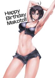 Rule 34 | 1girl, absurdres, antenna hair, armpits, black hair, breasts, collarbone, happy birthday, highres, idolmaster, kikuchi makoto, linea alba, navel, purple eyes, short hair, short shorts, shorts, solo, yakan (mihag3000)