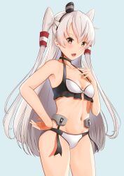 Rule 34 | 1girl, amatsukaze (kancolle), amatsukaze (swimsuit) (kancolle), bikini, black choker, blue background, breasts, brown eyes, choker, cowboy shot, grey hair, hair tubes, hand on own hip, highres, kantai collection, long hair, looking at viewer, navel, o-ring, o-ring bikini, open mouth, simple background, small breasts, smile, smokestack hair ornament, solo, standing, swimsuit, two side up, zuki