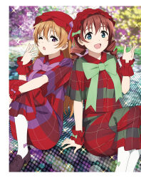 2girls artbook blue_eyes bonnet bow brown_hair dress emma_verde freckles green_bow hat highres konoe_kanata long_hair looking_at_viewer love_live! love_live!_nijigasaki_high_school_idol_club multiple_girls non-web_source official_art one_eye_closed open_mouth purple_eyes red_dress sitting smile twintails wrist_cuffs yawning yokota_takumi