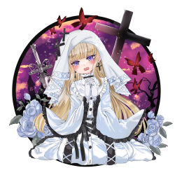 1girl blonde_hair blush bug butterfly castle cross cross_earrings crying earrings flower goth_fashion gothic_lolita hanitan2 highres hikami_meruru hime_cut insect jewelry leaf lolita_fashion long_hair magical_girl mahou_shoujo_no_majo_saiban night praying priestess purple_hair red_butterfly rose sitting sword tree veil wariza weapon white_flower white_rose