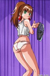 1990s_(style) 1girl :&lt; absurdres ass brown_hair butt_crack denim denim_shorts earrings frown game_cg green_eyes highres jewelry kimishima_yuika kotoyoshi_yumisuke looking_back non-web_source pachinko_sexy_reaction panties ponytail retro_artstyle shorts solo solo_focus tank_top underwear white_tank_top