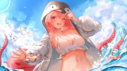 1girl among_us animal_hood bikini blue_sky breasts cleavage cloud commentary crewmate_(among_us) cyan_(among_us) day dutch_angle english_commentary frilled_bikini frills highres hood hooded_jacket innertube jacket large_breasts long_hair navel octopus official_art open_clothes open_jacket original outdoors penguin_hood pink_eyes pink_hair redcxca sky solo swim_ring swimsuit upper_body wading white_bikini white_jacket