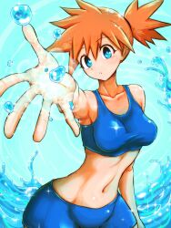 1girl armpits asymmetrical_hair bikini blue_bikini blue_eyes blue_shorts blush bra breasts bubble collarbone female_focus gen_1_pokemon gym_leader highres large_breasts looking_at_viewer medium_breasts midriff misty_(pokemon) navel nintendo orange_hair outstretched_arm outstretched_hand pokemon pokemon_(anime) pokemon_(classic_anime) pokemon_rgby ponytail short_hair shorts side_ponytail solo sparkle sports_bra sportswear swimsuit thighs underwater underwear water