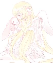 1girl angel_wings animal_ears atashi_(chobits) blonde_hair bow chii chobits closed_eyes commentary dress english_commentary feathered_wings frills hair_tubes highres holding holding_stuffed_toy long_hair mipi_(u3u_00) no_shoes persocom_(chobits) pink_ribbon ribbon robot_ears simple_background sitting solo stuffed_animal stuffed_rabbit stuffed_toy thighhighs very_long_hair white_background white_dress white_thighhighs wings