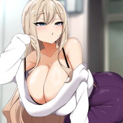 1girl absurdres aqua_eyes bare_shoulders bebebe_(pepegakii) bent_over black_bra blonde_hair blurry blurry_background bra bra_peek bra_strap breasts cleavage collarbone commentary_request double-parted_bangs hair_between_eyes hand_up highres huge_breasts indoors kousaka_airi&#039;s_mother_(bebebe) light_blush long_hair long_sleeves looking_at_viewer looking_to_the_side mature_female mole mole_under_eye off-shoulder_sweater off_shoulder original parted_lips purple_skirt shiny_skin sidelocks skirt solo sweater underwear very_long_hair white_sweater