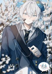 1boy bandages bishounen black_bandages blue_eyes blue_horns box box_of_chocolates buttons cuff_links demon_boy double-parted_bangs earbuds earphones happy_valentine heart highres horns indie_virtual_youtuber inukai_mado jacket loving_aura male_focus necktie outdoors pale_skin removing_earbuds school_uniform senz_(vtuber) snow snowmie_(senz) tree valentine virtual_youtuber white_hair winter