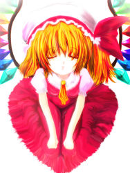 1girl blonde_hair closed_eyes female_focus flandre_scarlet hair_between_eyes hat highres incoming_kiss rasha short_hair solo touhou white_background white_hat wings