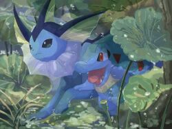 Rule 34 | animal focus, black eyes, bright pupils, closed mouth, commentary, english commentary, fins, forest, gen 1 pokemon, gen 2 pokemon, head fins, highres, leaf, light particles, nature, nintendo, no humans, open mouth, outdoors, plant, pokemon, pokemon (creature), red eyes, sharp teeth, teeth, tongue, tongue out, totodile, vaporeon, volpecorvo, white pupils