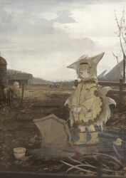1girl absurdres animal_ears arknights barn black_hairband blonde_hair boots bucket child cross_hair_ornament farm field fox_ears fox_girl green_eyes hair_ornament hairband hay highres holding holding_umbrella hood hood_down horizon kitsune kyuubi long_sleeves looking_at_viewer mani_tamlyn multiple_tails open_mouth originium_(arknights) outdoors overcast puddle raincoat rubber_boots rubber_duck scenery short_hair sky solo standing suzuran_(arknights) tail tractor trowel umbrella yellow_raincoat yellow_umbrella