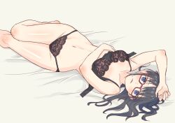 1girl black_bra black_hair black_panties blue_eyes bra collarbone daipunch glasses iinchou_(daipunch) lace lace_bra lace_panties long_hair lying navel on_back original panties parted_lips red-framed_eyewear solo underwear underwear_only