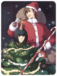 Rule 34 | 2boys, :d, black hair, blunt bangs, blunt ends, brown hair, candy, candy cane, christmas, christmas tree costume, copyright name, food, frown, fur trim, gloves, hat, holding, holding candy, holding candy cane, holding food, holding sack, jacket, looking ahead, looking at viewer, male focus, multicolored hair, multiple boys, open mouth, red hair, red jacket, sack, santa costume, santa hat, sengoku basara, shibata katsuie (sengoku basara), shima sakon (sengoku basara), short hair, smile, toruglose, two-tone hair, white background, white gloves