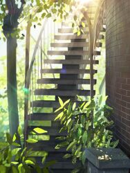 absurdres artist_name banishment brick_wall building commentary_request day highres leaf no_humans original outdoors scenery signature stairs