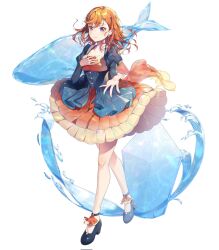 1girl blush breasts cleavage closed_mouth collarbone dolphin dress floating_hair frilled_dress frills full_body high_heels highres jacket jingshenquan juliet_sleeves layered_dress long_hair long_sleeves looking_at_viewer love_live! love_live!_superstar!! medium_breasts medium_hair orange_dress orange_hair outstretched_arm outstretched_hand puffy_sleeves purple_eyes ribbon shibuya_kanon shoes simple_background smile solo tachi-e water white_background
