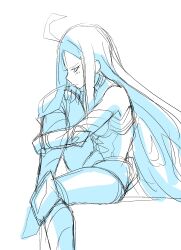 Rule 34 | 1girl, armor, armored boots, armored gloves, armored leotard, boots, breasts, digimon, digimon (creature), female focus, gloves, highres, hudiemon, knee up, leotard, long hair, looking at viewer, medium breasts, ph6xeivbgpimggg, sideview, sitting, sketch, solo, solo focus, thick thighs, thighhighs, thighs