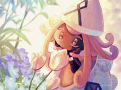 1girl artist_name bandeau black_skin blue_eyes blue_flower blurry blurry_background colored_skin female_focus flat_chest flower gen_7_pokemon hands_on_own_cheeks hands_on_own_face hands_up hat highres legendary_pokemon long_hair multicolored_eyes nintendo no_mouth outdoors pink_flower pink_hair pink_hat pink_tulip pokemon pokemon_(creature) purple_flower red_eyes sidelighting sidelocks solo sunset tapu_lele tulip watermark white_bandeau yuhata_(yuh4t4)
