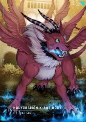 Rule 34 | absurdres, digimon, digimon (creature), dragon, fire, highres, holydramon, holydramon x-antibody, horns, sharp teeth, solo, tail, teeth