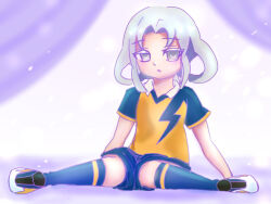 1girl akasode_matsuri_(inazuma_eleven) blue_shirt blue_shorts blue_socks collar flat_chest grey_eyes grey_hair hakkou_soft inazuma_eleven_(series) inazuma_eleven_victory_road large_variant_set medium_hair parted_lips raimon raimon_soccer_uniform shirt short_sleeves shorts sidelocks sitting soccer_uniform socks solo sportswear two-tone_shirt variant_set white_collar yellow_shirt