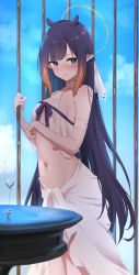1girl absurdres arm_strap armband asuna_(sao) asuna_(sao)_(cosplay) bare_shoulders blue_sky blush breasts cage closed_mouth cloud cosplay crop_top cup drinking_glass feint721 gradient_hair halo highres holding hololive hololive_english long_hair looking_at_viewer mole mole_under_eye multicolored_hair navel ninomae_ina&#039;nis pointy_ears purple_eyes purple_hair shirt sidelocks skirt sky sleeveless sleeveless_shirt small_breasts solo stomach sword_art_online tentacle_hair thighs titania_(sao) titania_(sao)_(cosplay) very_long_hair virtual_youtuber white_armband white_skirt