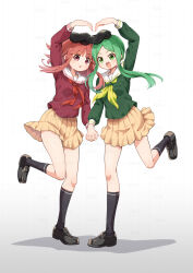 Rule 34 | 2girls, alternate costume, black hat, black shoes, black socks, blush, commentary request, full body, futa (nabezoko), green eyes, green hair, green shirt, hat, highres, holding hands, interlocked fingers, kneehighs, leg up, loafers, long hair, long sleeves, looking at viewer, multiple girls, neckerchief, nishida satono, open mouth, pleated skirt, red eyes, red hair, red neckerchief, red shirt, sailor collar, sailor shirt, school uniform, shadow, shirt, shoes, short hair with long locks, skirt, smile, socks, tate eboshi, teireida mai, touhou, watermark, white sailor collar, yellow neckerchief, yellow skirt