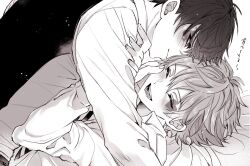 2boys ace_trappola arm_support blush closed_eyes closed_mouth collared_shirt commentary_request deuce_spade double-parted_bangs facial_mark fingernails greyscale hair_between_eyes hand_on_another&#039;s_arm heart highres laughing long_sleeves looking_at_another lying male_focus mofu_twst monochrome multiple_boys on_back open_collar open_mouth profile shirt short_hair smile spade_(shape) teeth tongue twisted_wonderland upper_body white_background wing_collar yaoi
