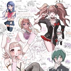 4boys 6+girls ;o ? ?? akamatsu_kaede angry animal_hood arm_up bandaged_arm bandages bare_shoulders bear_hair_ornament black_choker black_hair black_shirt blonde_hair blue_eyes blue_hair blush bow breasts choker cleavage collarbone commentary_request danganronpa:_trigger_happy_havoc danganronpa_(series) danganronpa_2:_goodbye_despair danganronpa_v3:_killing_harmony enoshima_junko fishnet_thighhighs fishnets hair_horns hair_ornament highres hinata_hajime hood komaeda_nagito large_breasts leotard long_hair looking_at_viewer maizono_sayaka mioda_ibuki monokuma multiple_boys multiple_girls nail_polish nanami_chiaki necktie oma_kokichi one_eye_closed pink_sweater_vest playboy_bunny rabbit_hood red_bow red_nails saihara_shuichi shirt skirt smile spaceship_hair_ornament sweater_vest tearing_up teeth thighhighs translation_request tsumiki_mikan twintails yuyu_(yuuyudayo1211)