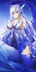 1girl absurdres alternate_costume bare_shoulders blue_dress blue_hair blue_hands breasts collarbone colored_extremities diamond-shaped_pupils diamond_(shape) dress genshin_impact gradient_clothes gradient_dress hair_ornament halter_dress halterneck highres large_breasts long_hair looking_at_viewer missing_commentary parted_lips pink_eyes riding riding_animal skirk_(genshin_impact) solo swkl:d symbol-shaped_pupils thighs very_long_hair whale white_dress