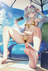 1girl adjusting_eyewear bare_legs bare_shoulders barefoot beach_umbrella bikini black_bikini blue_sky blurry breasts cameltoe cloud collarbone commentary cumulonimbus_cloud day depth_of_field eyewear_on_head feet foot_focus foreshortening frilled_bikini frills full_body green_eyes grey_hair hair_between_eyes halterneck handheld_game_console hands_up heart heart-shaped_eyewear holding holding_handheld_game_console kurono_mitsuki leaning_back legs lens_flare looking_at_viewer medium_hair navel nintendo_switch open_clothes open_shirt original parted_lips purple-tinted_eyewear ribs shirt sidelighting sitting skinny sky small_breasts soles solo spread_legs stomach sunglasses sunlight swimsuit symbol-only_commentary tinted_eyewear toes umbrella under_umbrella white_shirt white_umbrella