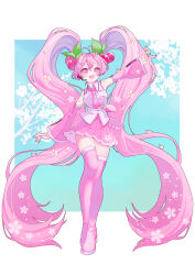 1girl :3 :d absurdly_long_hair absurdres ahoge arm_at_side arm_up bare_shoulders blue_sky boots border breasts cherry_blossoms cherry_hair_ornament collared_shirt commentary_request crossed_bangs day detached_sleeves double-parted_bangs flower food-themed_hair_ornament frilled_shirt_collar frills full_body hair_between_eyes hair_ornament hatsune_miku headphones headset highres holding holding_flower legs_together long_hair long_sleeves looking_at_viewer medium_breasts miniskirt nail_polish necktie open_mouth outdoors outside_border outstretched_arms pink_boots pink_eyes pink_flower pink_hair pink_nails pink_necktie pink_petals pink_skirt pink_sleeves pink_trim pleated_skirt raised_eyebrows sakura_miku shiina_(user_ecjx4545) shirt simple_background skirt sky sleeveless sleeveless_shirt smile solo standing thigh_boots thighhighs tie_clip twintails very_long_hair vocaloid white_border white_shirt zettai_ryouiki