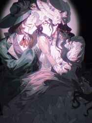 Rule 34 | 2girls, absurdres, black background, black hair, bow, brown hair, collared shirt, cowboy shot, curly hair, dress, eyewear strap, face-to-face, glasses, gloves, gown, green hat, green jacket, hat, hat bow, highres, holding hands, isolde (reverse:1999), jacket, juliet sleeves, kakania (reverse:1999), long dress, long hair, long sleeves, looking at another, multiple girls, neck ribbon, profile, puffy long sleeves, puffy sleeves, red ribbon, reverse:1999, ribbon, round eyewear, semi-rimless eyewear, shirt, spotlight, under-rim eyewear, veil, white bow, white dress, white hat, white shirt, white veil, yellow gloves, yuri, zhizhizi