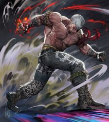 Rule 34 | 1boy, abs, absurdres, bandana, bandana around arm, belt, black boots, black gloves, blank eyes, boots, bryan fury, clenched hand, clenched hands, commentary, dynamic pose, fingerless gloves, fire, full body, gloves, grey hair, hashtag-only commentary, highres, male focus, muscular, muscular male, neck tattoo, pants, pectorals, red bandana, scar, scar on chest, scar on shoulder, shell casing, short hair, sideburns, signature, smoke, snakeskin, solo, spiked belt, spikes, tattoo, topless male, yellow belt, yi lee