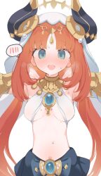 1girl bare_shoulders blue_eyes blush breasts fake_horns genshin_impact harem_outfit highres hone_kawa horns long_hair looking_at_viewer medium_breasts navel nilou_(genshin_impact) open_mouth red_hair smile solo veil