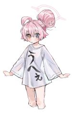 Rule 34 | 1girl, absurdres, ahoge, alternate costume, alternate hairstyle, blue archive, blush, clothes writing, collarbone, commentary request, cropped legs, hair bun, hair flaps, halo, heterochromia, highres, hoshino (blue archive), huge hair bun, long sleeves, looking at viewer, no pants, pink hair, see-through silhouette, shirt, simple background, single hair bun, solo, sweat, translated, white background, white shirt, wide sleeves, ymm (nxvd3735)