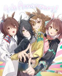 agnes_tachyon_(umamusume) amano_kokoko black_gloves black_hair black_jacket black_skirt brown_hair dantsu_flame_(umamusume) dark_skin eyes_visible_through_hair gloves green_eyes grin hair_between_eyes hair_over_one_eye highres horse_girl horse_tail jacket jungle_pocket_(umamusume) long_hair manhattan_cafe_(umamusume) open_mouth parted_lips pink_shirt pointing pointing_at_viewer shirt sidelocks skirt smile tail umamusume white_jacket white_shirt yellow_jacket