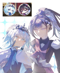 Rule 34 | 2girls, absurdres, armor, black hair, black shirt, black tiara, blue eyes, blue gloves, blue hair, cerydra (conquest) (honkai: star rail), cerydra (honkai: star rail), closed mouth, collared shirt, commentary, diamond-shaped pupils, diamond (shape), expressionless, gloves, hair ornament, hand up, highres, holding, holding sword, holding weapon, honkai: star rail, honkai (series), hysilens (conquest) (honkai: star rail), hysilens (honkai: star rail), jiyi (jolidasulpu), long hair, long sleeves, looking at viewer, medium hair, multiple girls, official alternate costume, official alternate hairstyle, pauldrons, ponytail, red gloves, reference inset, scales, shirt, shoulder armor, simple background, single pauldron, smile, sword, symbol-only commentary, symbol-shaped pupils, tiara, upper body, weapon, white background
