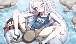 1girl absurdres bestiality black_sandals blue_archive breasts character_name commentary demon_girl demon_wings hair_ornament hairclip hanakonenne highres hina_(blue_archive) hina_(swimsuit)_(blue_archive) long_hair low_wings octopus official_alternate_costume parted_bangs parted_lips purple_eyes sandals small_breasts solo spread_legs swim_ring tentacles very_long_hair whistle whistle_around_neck white_hair wings