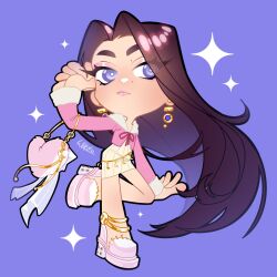 1girl bag bare_legs bright_pupils brown_hair chibi commentary commission crescent dress earrings english_commentary expressionless eyes_visible_through_hair eyeshadow forehead fur-trimmed_jacket fur-trimmed_sleeves fur_bag fur_trim gold_anklet gold_earrings hand_on_own_head handbag heart-shaped_bag high_heels highres jacket jewelry leg_up light_blush light_frown lipstick long_hair long_sleeves makeup mole mole_above_mouth mole_under_eye multiple_moles original pink_bag pink_eyeshadow pink_jacket pink_lips pink_shoes platform_shoes purple_background purple_eyes red_ribbon ribbon shoes short_dress signature simple_background solo sparkle standing striped_clothes striped_dress thick_eyebrows vertical-striped_clothes vertical-striped_dress very_long_hair white_dress white_pupils wikate winx_club