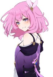 1girl blue_eyes breasts coat commentary_request cyrene_(honkai:_star_rail) from_side hair_ornament highres honkai:_star_rail honkai_(series) looking_at_viewer multicolored_hair pink_hair pink_pupils purple_coat short_hair simple_background small_breasts smile solo two-tone_hair upper_body white_background white_hair yudemame1027