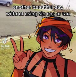 1boy absurdres anachronism black_choker choker commentary english_commentary english_text grin hairband highres huyandere jojo_no_kimyou_na_bouken male_focus narancia_ghirga orange_hairband photo_background purple_eyes purple_hair selfie smile solo sparkle sparkling_aura tiktok vento_aureo w