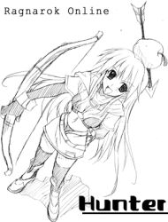 Rule 34 | 1girl, 2000s (style), apple on head, aqua (prescott), arrow through apple, boots, bow (weapon), breasts, character name, commentary request, copyright name, crop top, cropped jacket, elbow gloves, fingerless gloves, full body, gloves, greyscale, holding, holding bow (weapon), holding weapon, hunter (ragnarok online), long hair, looking at viewer, lowres, medium breasts, midriff, miniskirt, monochrome, navel, open mouth, ragnarok online, simple background, sketch, skirt, smile, solo, thighhighs, weapon