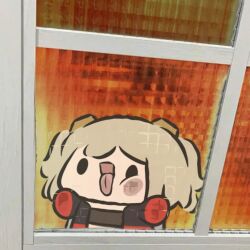 1girl blonde_hair burnice_white chibi chibi_only commentary door glass_door highres looking_at_viewer open_mouth superappleman tongue tongue_out zenless_zone_zero