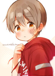 1boy arm_up brown_hair child commentary_request dated dot_nose double-parted_bangs facial_mark far_tarooo hair_between_eyes highres hood hood_down hoodie looking_to_the_side male_focus orange_eyes original parted_lips print_hoodie red_hoodie rotto_(far_tarooo) short_hair sideways_glance solo twitter_username upper_body
